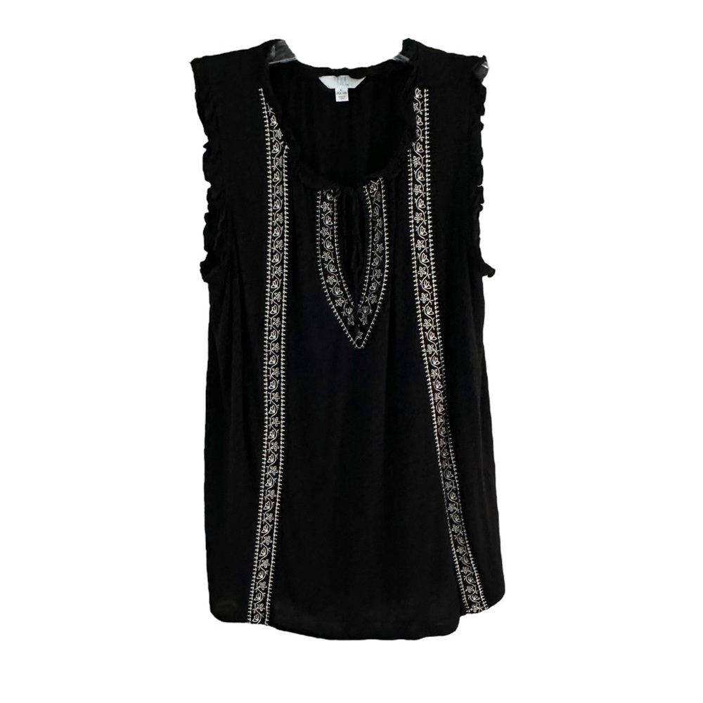 Time and Tru Embroidered Boho Black White Tie Front Top Size L - Picture 5 of 13